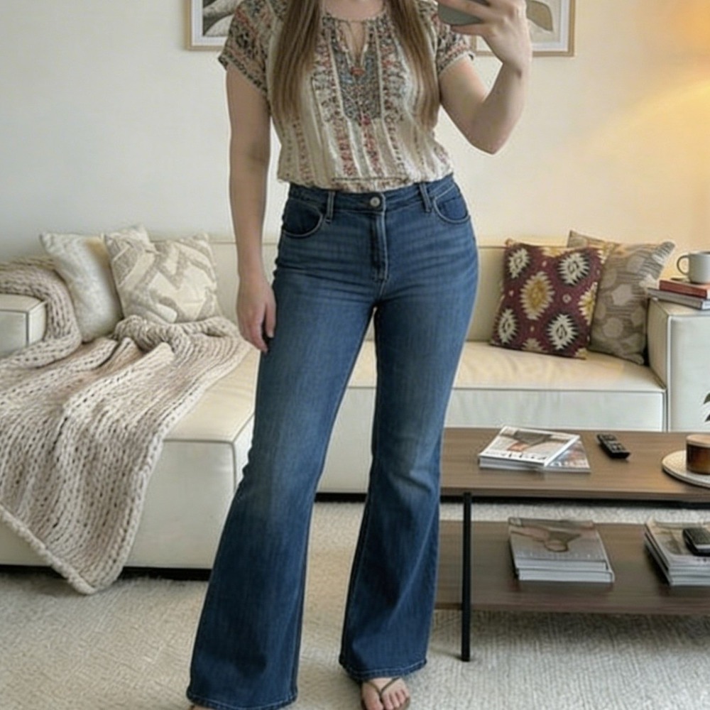 Womens Flare Jeans Size 12‎ Long Medium Wash Stretch Boho Western Casual Retro